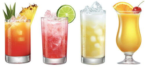 Four colorful tropical cocktails in glasses, garnished with fruit slices and ice