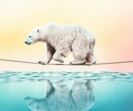 Surreal polar bear walking on a tightrope above calm water, reflection shimmering, pastel sunset sky background, concept of balance, danger, contemporary lifestyle