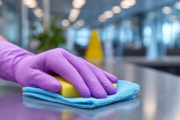 Gloved hand cleaning screen in clinical office environment 