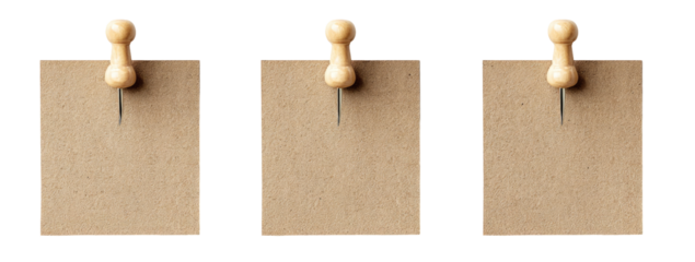 Three blank kraft paper notes, each with a light beige pushpin