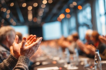 Obraz premium Hands clapping at table, blurred projector screen 