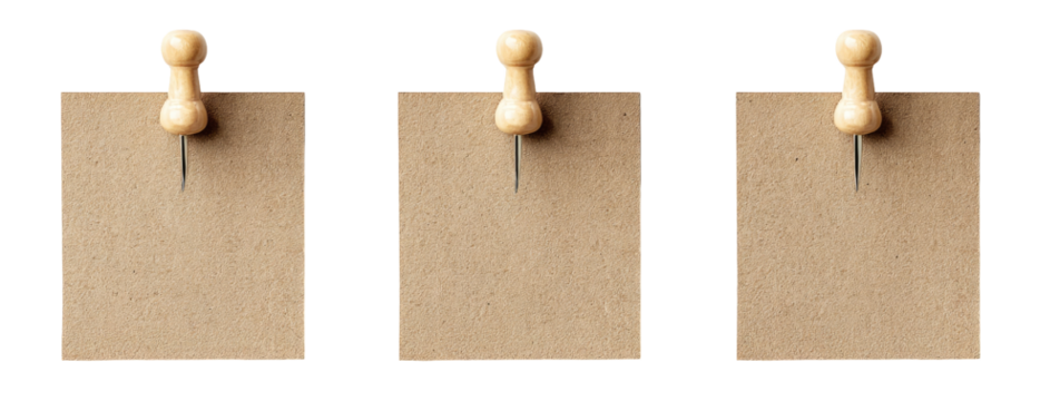 Three blank kraft paper notes, each with a light beige pushpin