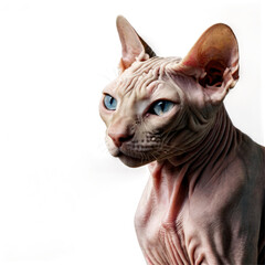 High-resolution isolated image of a hairless sphynx cat with detailed skin texture.