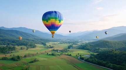 Fototapeta premium Colorful Hot Air Balloons Soaring Over Scenic Mountain Landscape