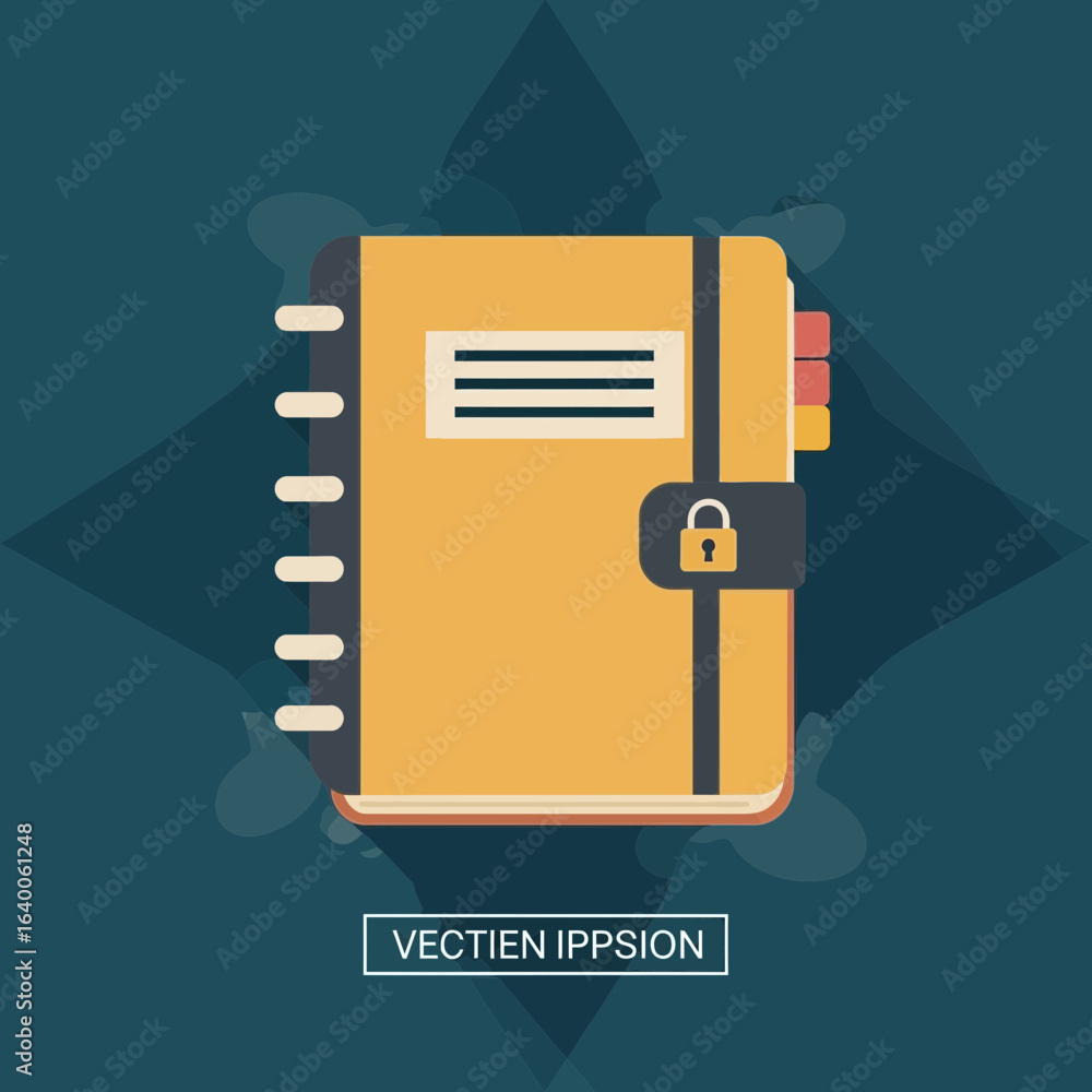 Poster yellow notebook with a lock and tab on a patterned background.