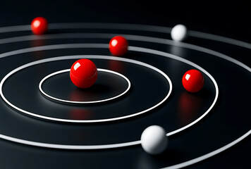 Atomic Model with Red Nucleus and Orbiting Electrons on Dark Background