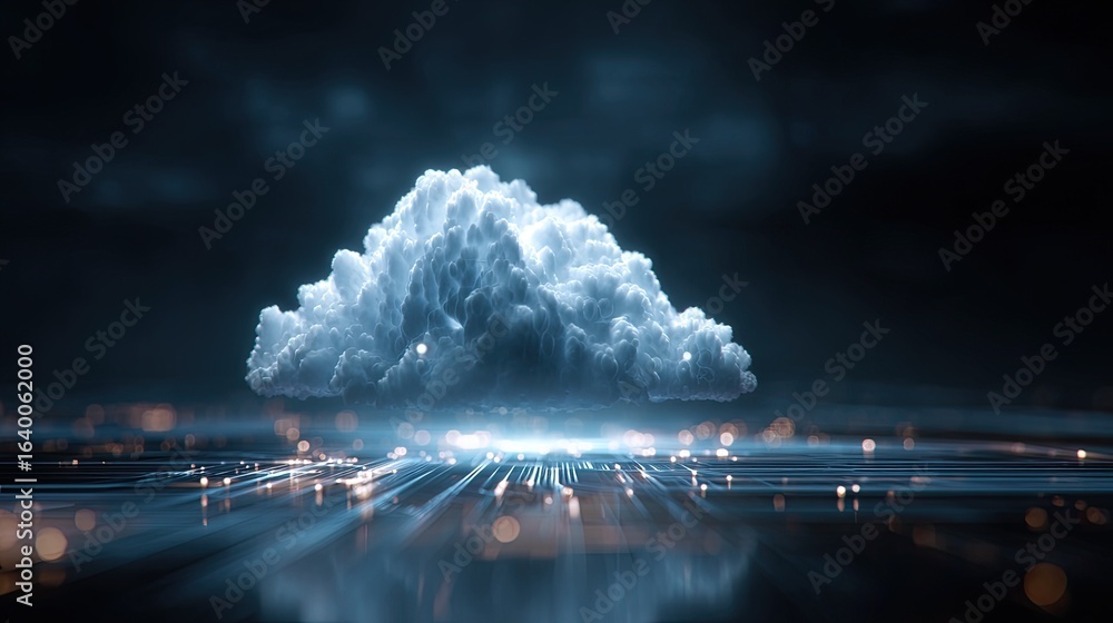 Poster a digital cloud formation with bright light emanating from its base, representing data and technolog