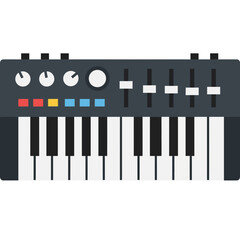 Electronic keyboard with knobs and sliders on a white background.
