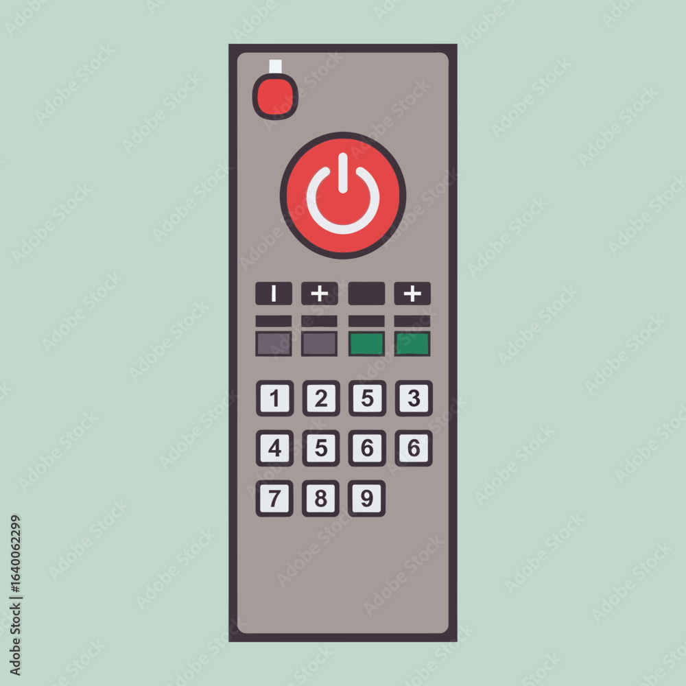 Aufkleber remote control with power button and numbered keypad on light background.