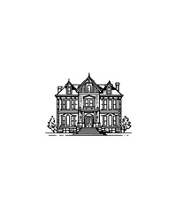 Obraz premium Elegant, monochrome illustration of a grand, multi-storied house. Ornate architectural details like gables, windows, and a balcony are visible. Classic design