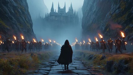 Epic fantasy scene with a mysterious hooded figure walking towards a distant castle, flanked by torch-bearing soldiers in a dark, atmospheric setting, perfect for adventure or historical drama - Powered by Adobe