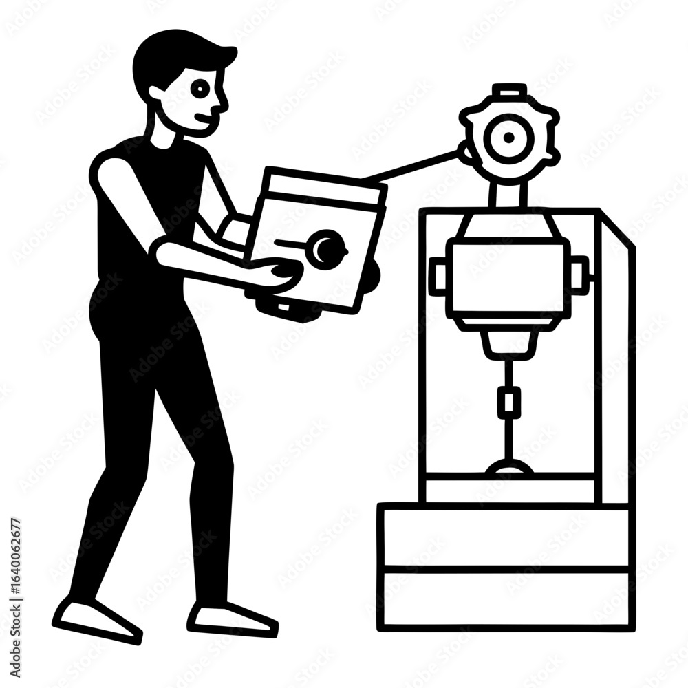 Poster person operating a machine with a component
