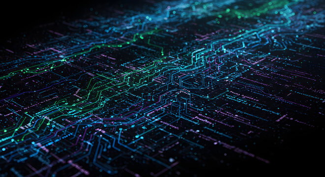 Dynamic glowing circuit board pathways with digital data streams and futuristic tech glow