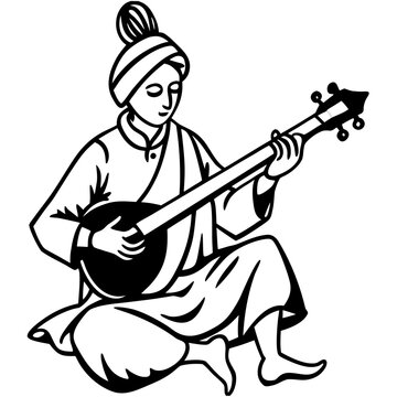 musician playing sitar black and white clip art preview