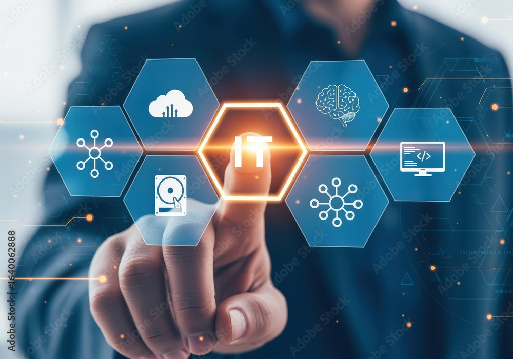 Poster a person interacting with innovative it digital icons, symbolizing the future of technology. a hand 