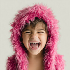 Retrato en primer plano de un niño riendo con los ojos entrecerrados, llevando un pasamontañas rosa vibrante y peludo con textura visible y fibras finas, fotografiado contra un fondo blanco limpio