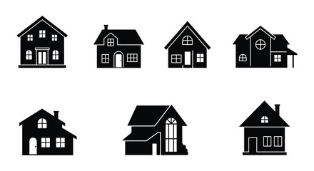 Collection of Various House Styles in Black Silhouette Isolated on White Background silhouette