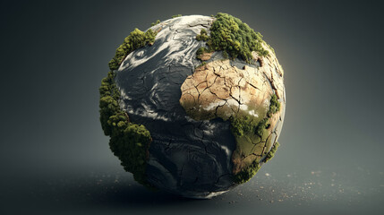 Realistic cracked Earth showing half dry desert and half lush forest, symbolizing climate change and environmental crisis, ultra detailed 8k concept art