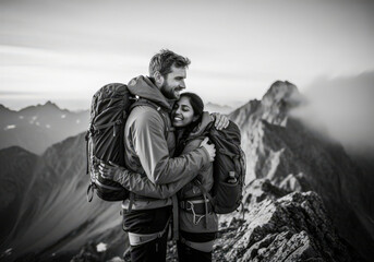A couple enjoying a warm embrace while hiking on a mountain. The two hikers are embracing each other with a beautiful mountain view in the background. 