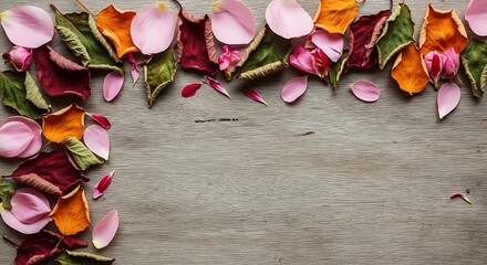 Colorful Dried Leaves and Pink Flower Petals Border on Rustic Wooden Background for Autumn Wedding Invitations, Seasonal Greeting Cards, Nature Inspired Frames, and Decorative Botanical Print Designs
