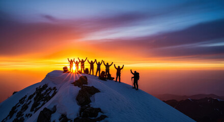 Fototapeta premium A group of climbers celebrating victory atop a snowy mountain during a stunning sunset, hands raised in triumph.