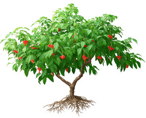 Lush small tree with vibrant red berries and green leaves