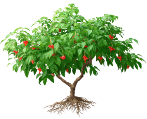 Lush small tree with vibrant red berries and green leaves