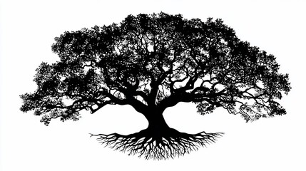 Silhouetted ancient tree, roots and canopy