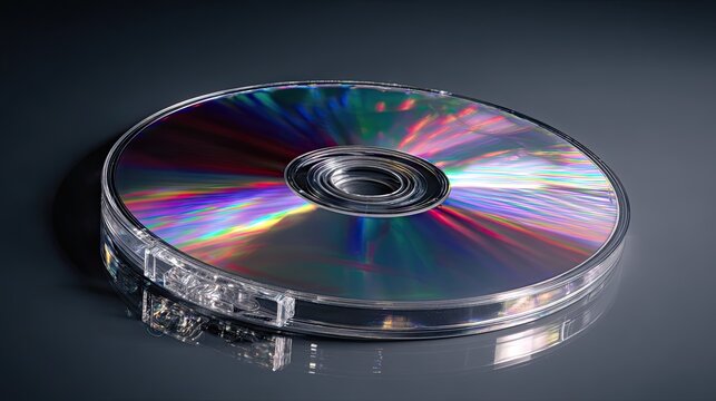 Vibrant rainbow reflections shimmer across a modern digital disc in its clear case, symbolizing data storage, technology, and optical media innovation.
