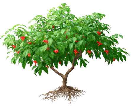 Lush small tree with vibrant red berries and green leaves