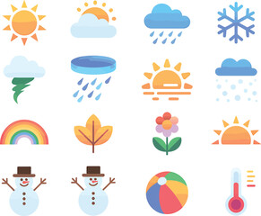 Collection of colorful and diverse weather icons representing different atmospheric conditions and seasons with a playful artistic style