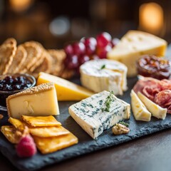 assortment of cheeses (hard, soft, blue), paired with cured meats, crackers, fruits, nuts, and jams