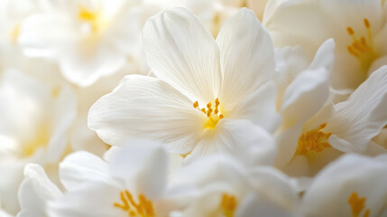 Delicate white flowers with soft yellow accents create serene and calming atmosphere, perfect for evoking feelings of peace and tranquility