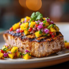 thick cut of swordfish grilled to medium-rare, topped with a vibrant mango salsa made with diced mango, red onion, cilantro, jalapeno, and lime juice