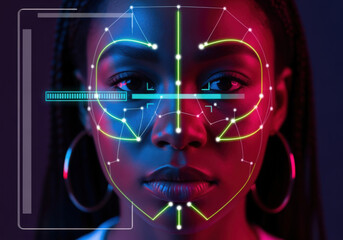 Futuristic concept of a woman with a facial recognition interface overlay, highlighting the blend of technology and human identity
