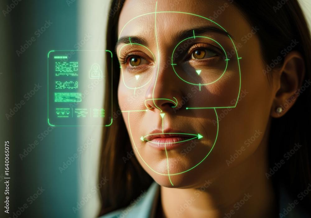 Aufkleber high-tech woman's face recognition and data analysis. an image representing facial recognition techn