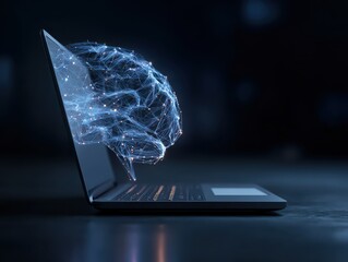 Artificial intelligence and deep learning concept. Laptop and AI neural network.