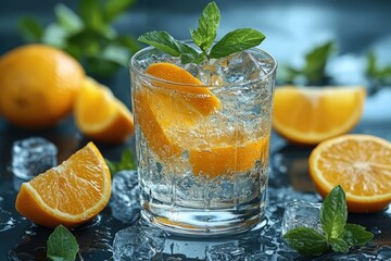 refreshing summer cocktail, with sparkling ice cubes, slices of citrus fruits, and sprigs of fragrant herbs, natural lighting on a hot day