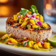 thick cut of swordfish grilled to medium-rare, topped with a vibrant mango salsa made with diced mango, red onion, cilantro, jalapeno, and lime juice
