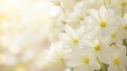 Obraz premium Close up of white flowers with soft yellow highlights, creating serene and delicate atmosphere. gentle petals and bright centers evoke feelings of tranquility and beauty