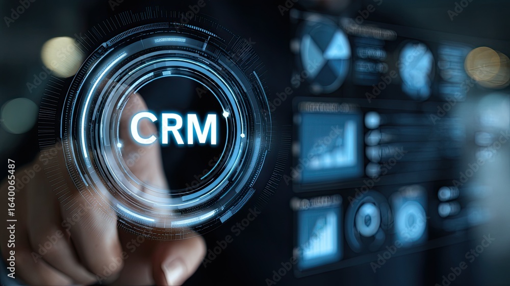 Poster person interacting with a digital crm interface on a touch screen display.