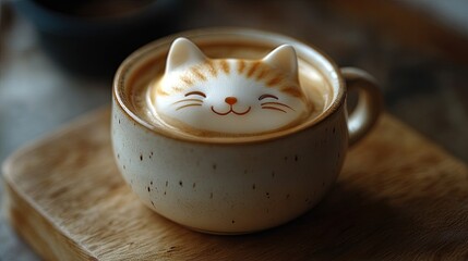 Cute 3D British Shorthair cat crafted from latte foam rests atop a creamy coffee cup on a wooden table, showcasing adorable latte art that blends creativity, cafe culture, and cozy charm