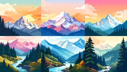 Colorful mountain landscapes illustrations