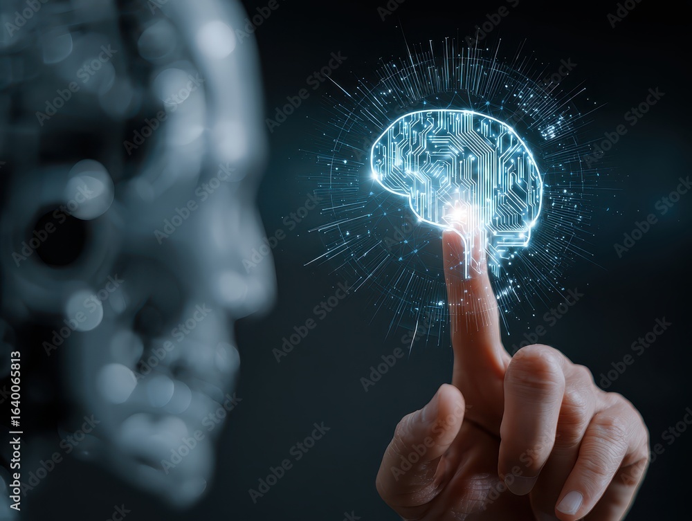 Poster artificial intelligence technology. human uses ai chatbot, artificial intelligence, futuristic techn