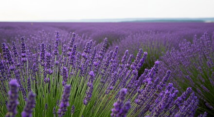 Obraz premium Stunning Field of Blooming Lavender Flowers Landscape Photography for Relaxation and Aromatherapy Use Stock Image