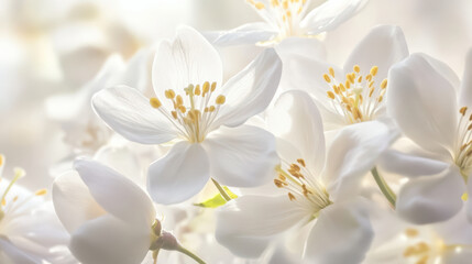 Obraz premium Gentle petals of white blossoms with vibrant centers create serene and delicate atmosphere, evoking feelings of tranquility and beauty in nature