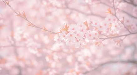 Obraz premium Blurred cherry blossom branches in bloom, pastel pink, springtime glow