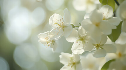 Fototapeta premium Delicate white blooms create intimate view, evoking feelings of tranquility and beauty in nature. soft focus enhances serene atmosphere of this floral scene
