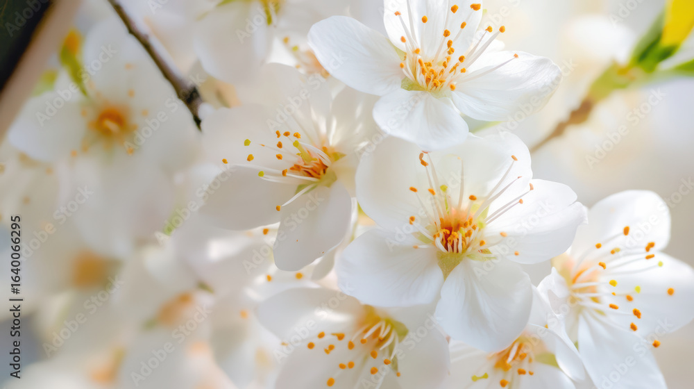 Poster intimate view of white blossoms with vibrant centers creating serene and delicate atmosphere. soft p
