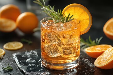 refreshing summer cocktail, with sparkling ice cubes, slices of citrus fruits, and sprigs of fragrant herbs, natural lighting on a hot day